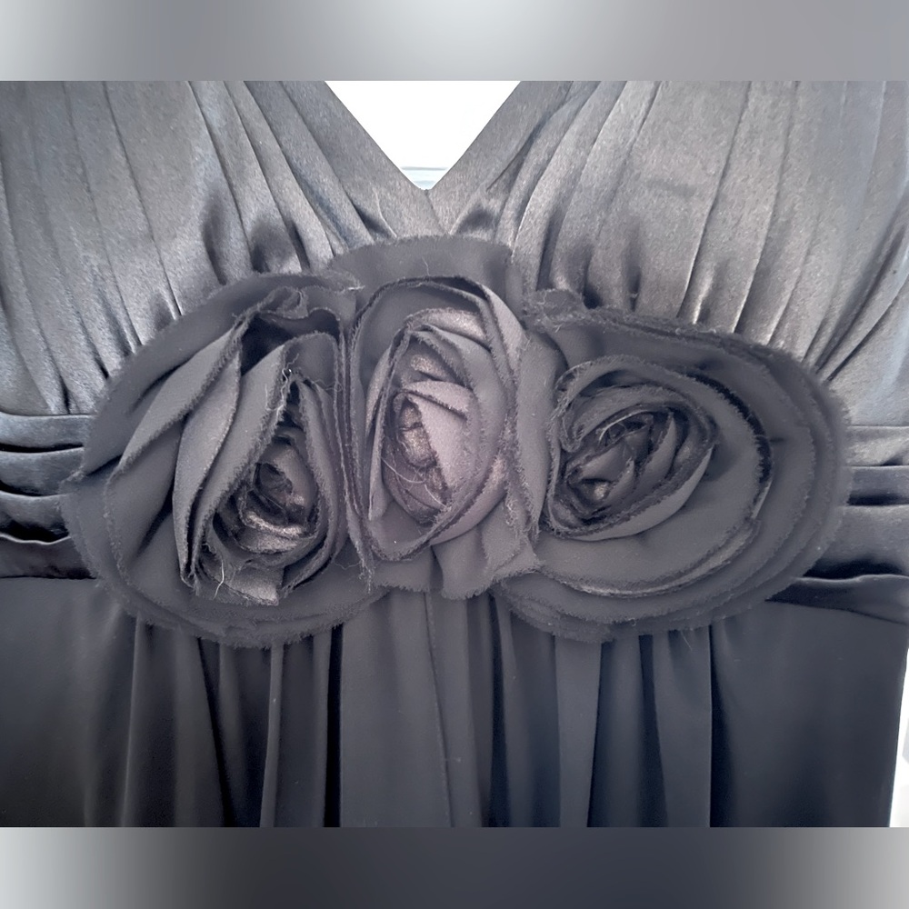 BARI JAY - BLACK SATIN CHIFFON ROSETTE SPAGHETTI MAXI DRESS